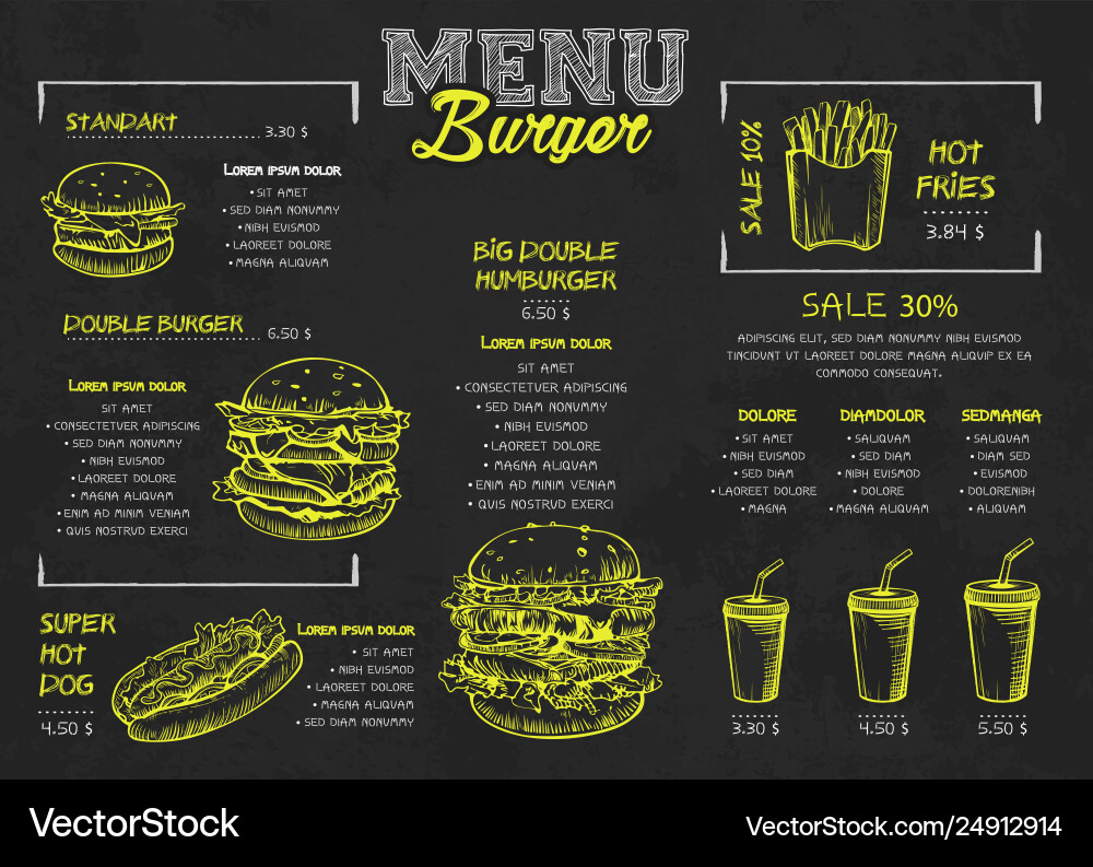 Burger Menu Poster Design On Chalkboard Royalty Free Vector