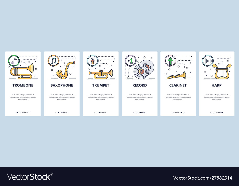 Mobile app onboarding screens musical instruments