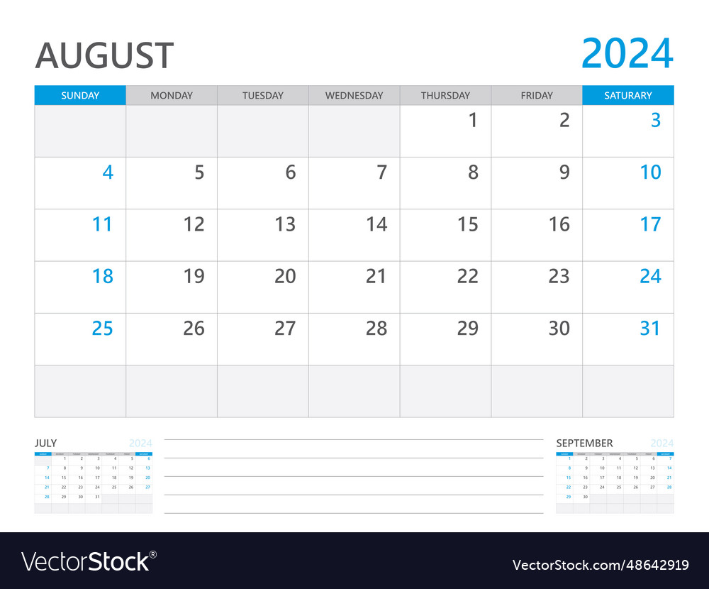 August 2024 year calendar planner and set Vector Image