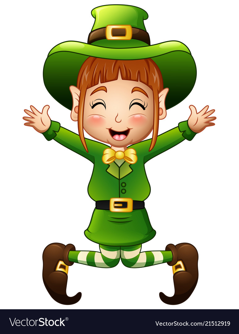 Cute girl leprechaun cartoon jumping Royalty Free Vector