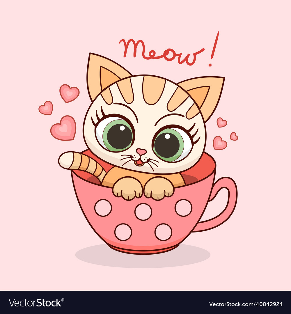 Cute cartoon kitten sits in a cup Royalty Free Vector Image