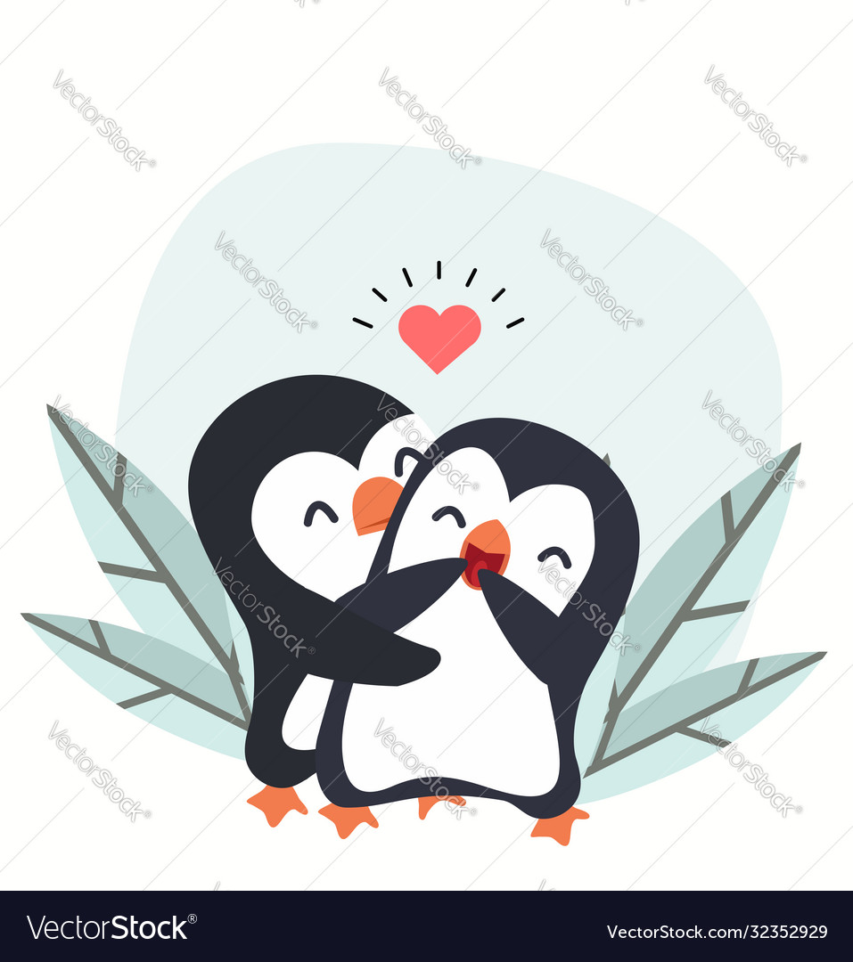 Happy penguins couple love hugging