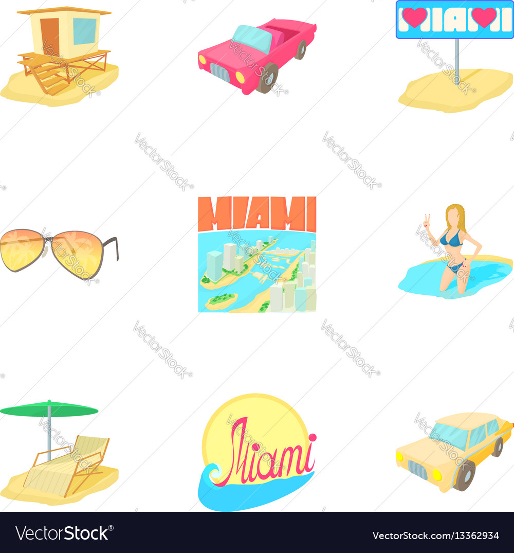 Attractions of miami icons set cartoon style Vector Image