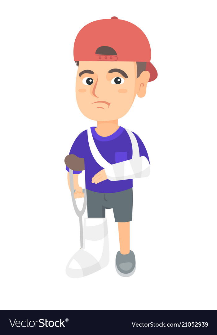 Caucasian Sad Injured Boy With Broken Arm And Leg Vector Image