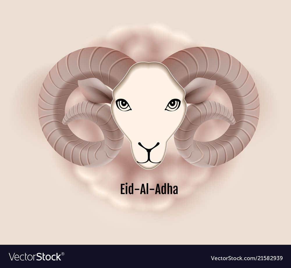 Eid al adha text greeting card ram head of sheep