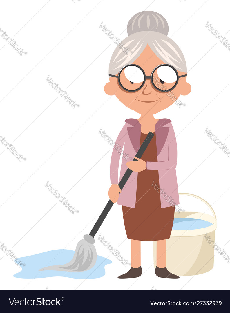 Granny with mop on white background Royalty Free Vector