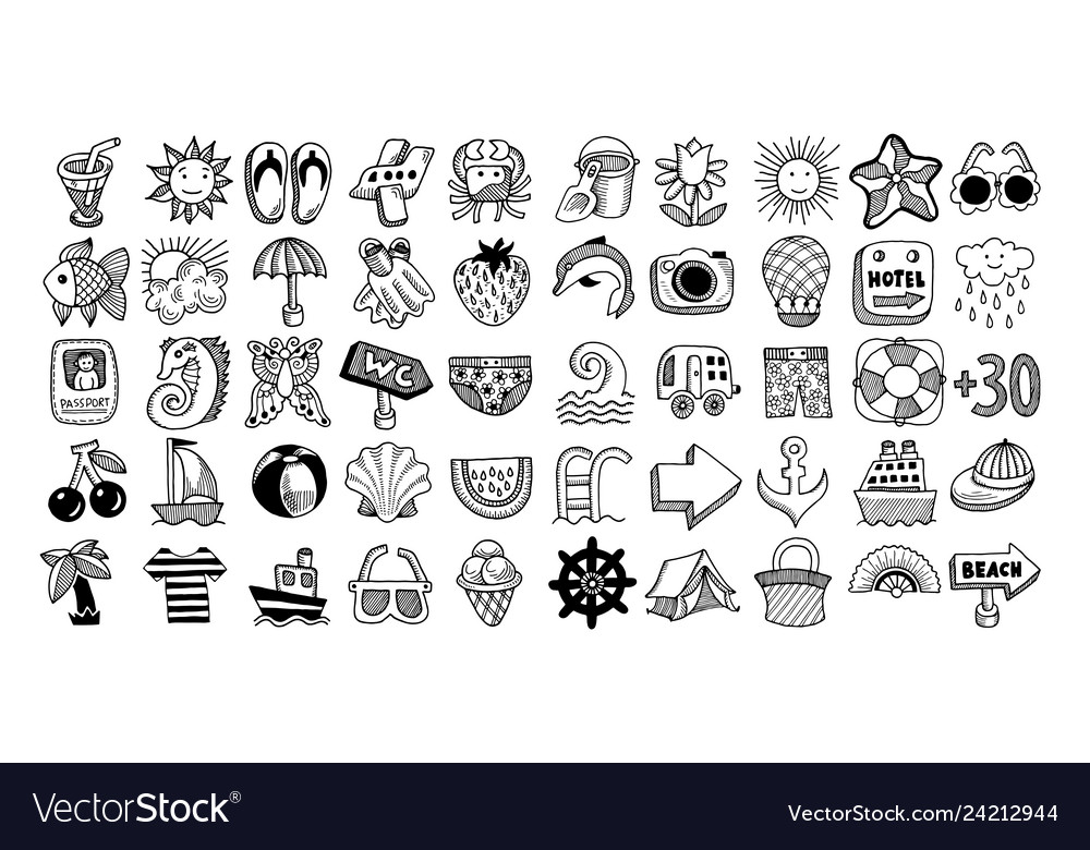 50 sketch icon set summer Royalty Free Vector Image