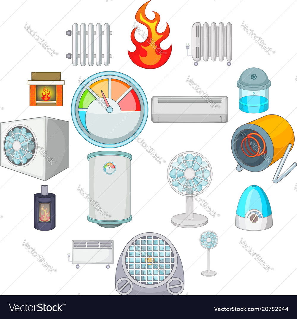 Heating cooling icons set cartoon style