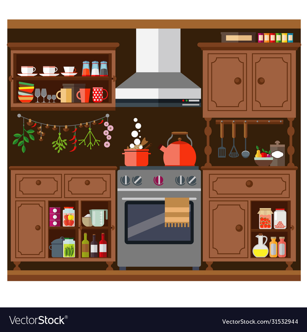 Old kitchen with buffet gas stove and kitchen Vector Image Old kitchen with buffet gas stove and kitchen Vector Image