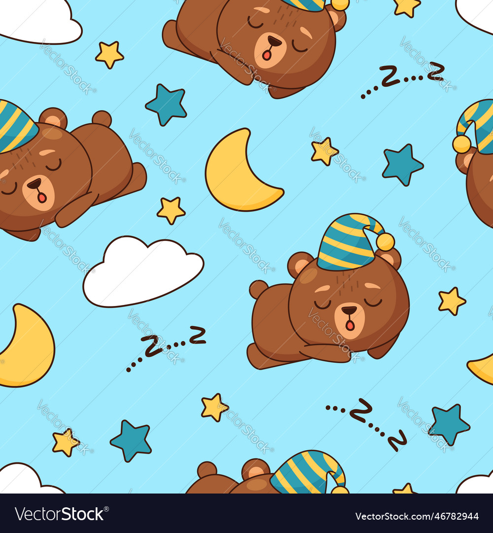 Seamless pattern sleeping baby bear Royalty Free Vector