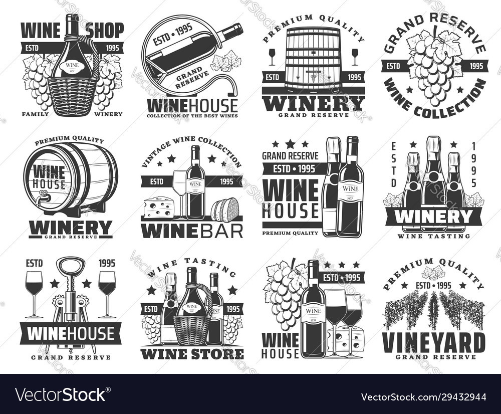 Wine and champagne bottles glasses and grapes Vector Image