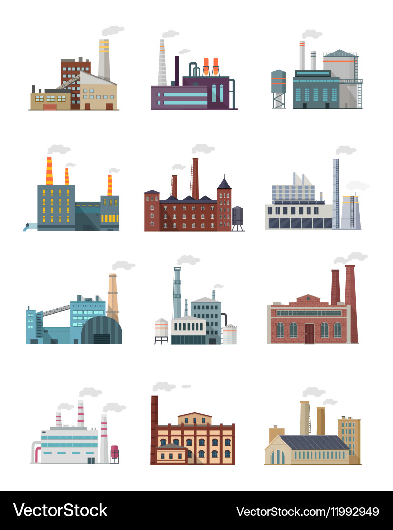 Set industry manufactory building icons Royalty Free Vector