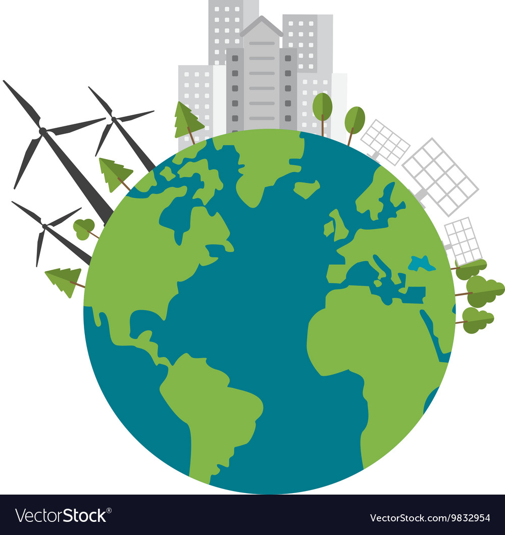 Earth globe with buildings and wind turbines icon Vector Image