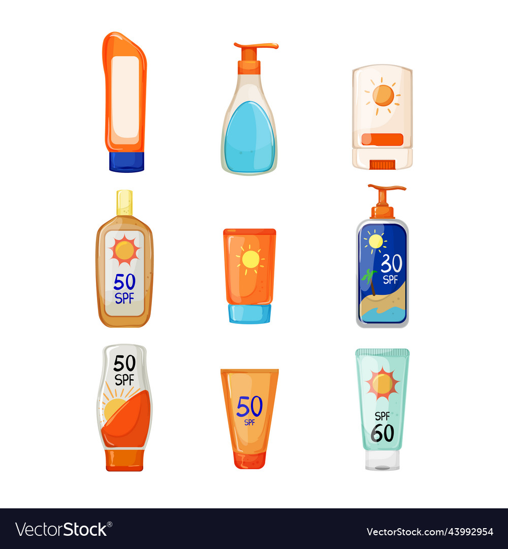 Sun cream set cartoon Royalty Free Vector Image