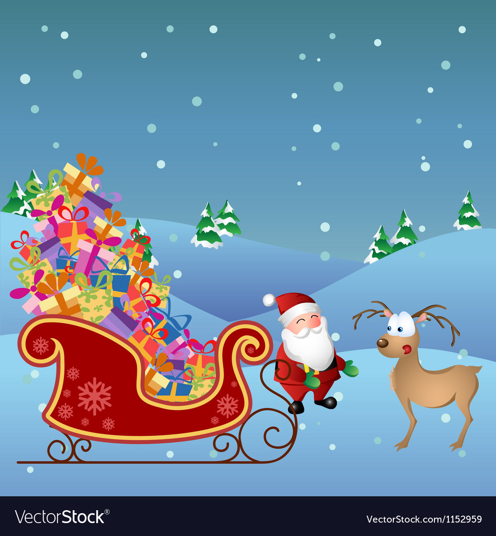 Cartoon santa with deer and sled Royalty Free Vector Image