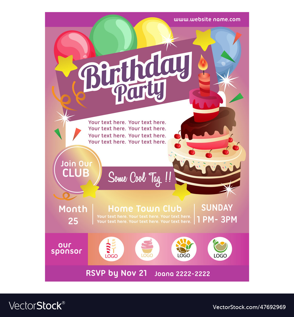 Birthday party poster with cake balloon decoration