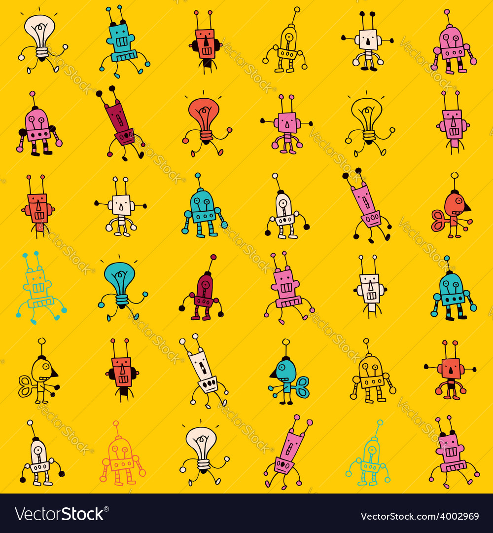 Cute cartoon robot characters seamless pattern