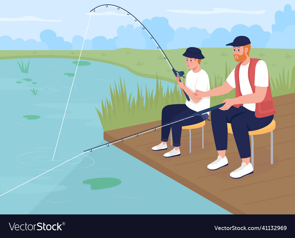 Fishing with teenager son flat color Royalty Free Vector