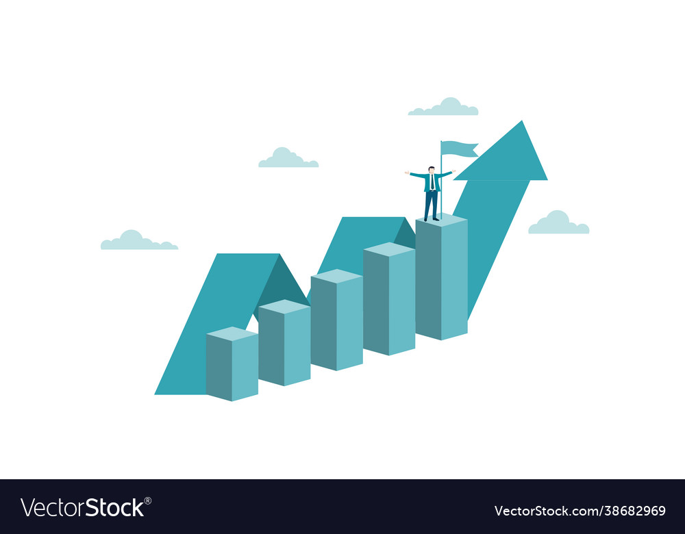 Happy businessman stands on top graph