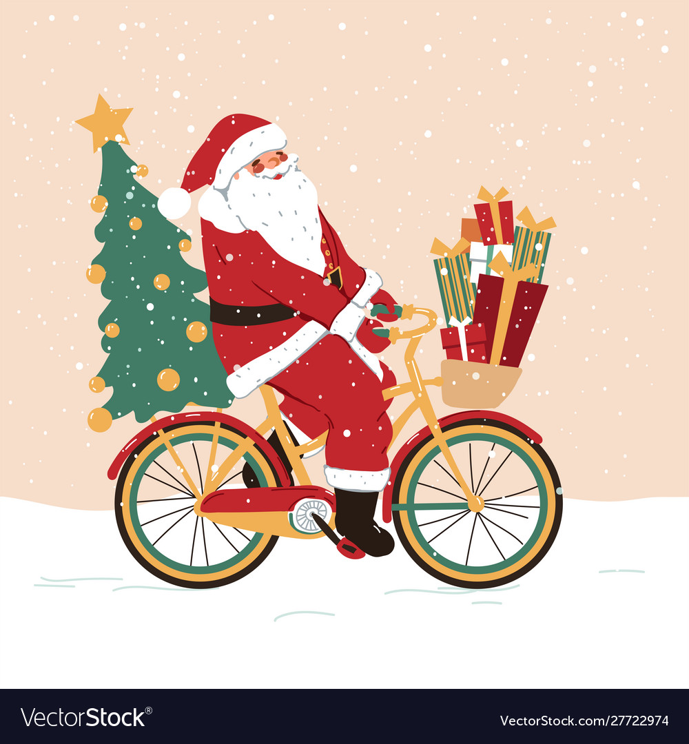 Santa claus on a bicycle with gifts holiday Vector Image