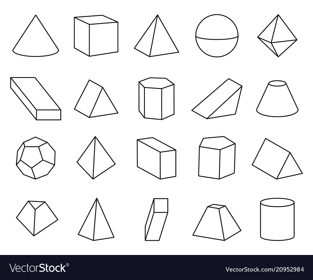 Geometric 3d shapes. Realistic white basic geometry form sphere and  pyramid, hexagonal and prism, tetrahedron and cone objects vector set Stock  Vector