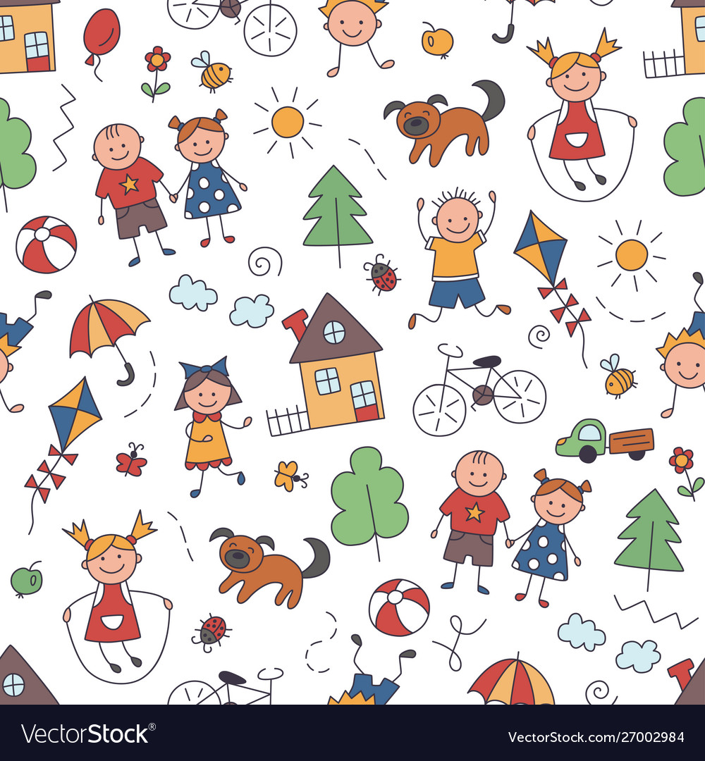 Happy kid on summer children drawing seamless Vector Image