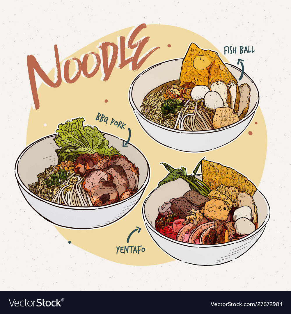 Noodle collection thai food hand draw sketch Vector Image