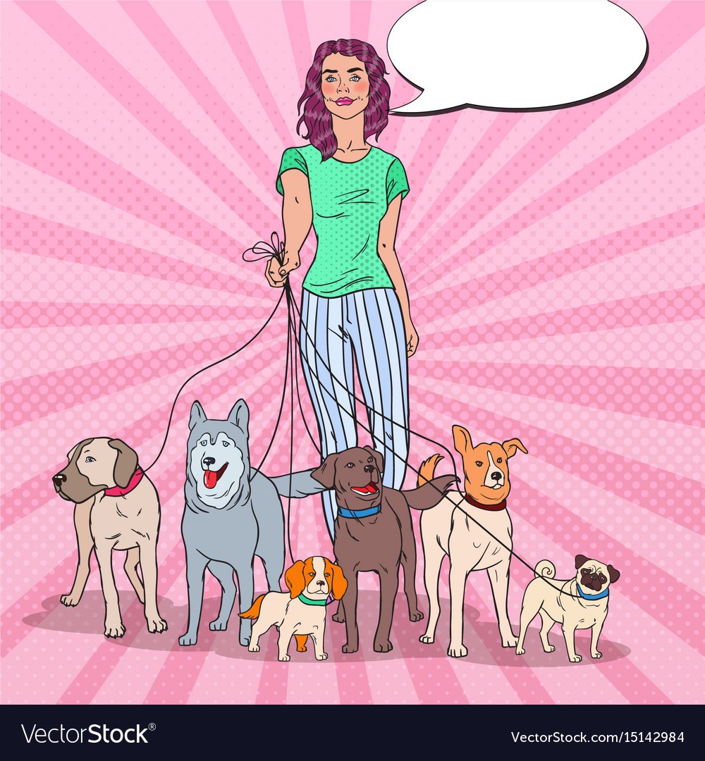 Pop art young woman walking with many dogs