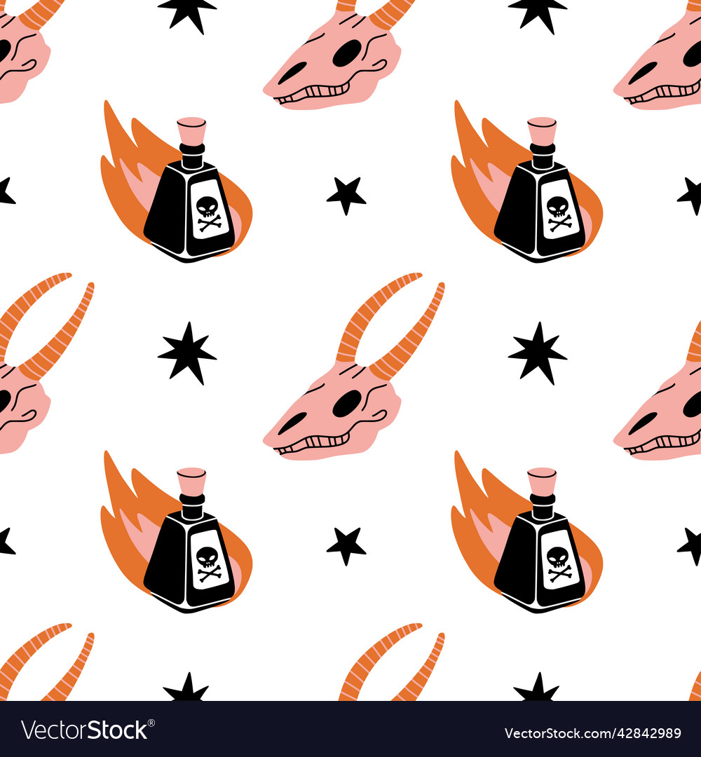 Dark magic seamless pattern with skull potion