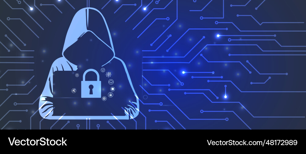 Hooded hacker from behind standing among working Vector Image