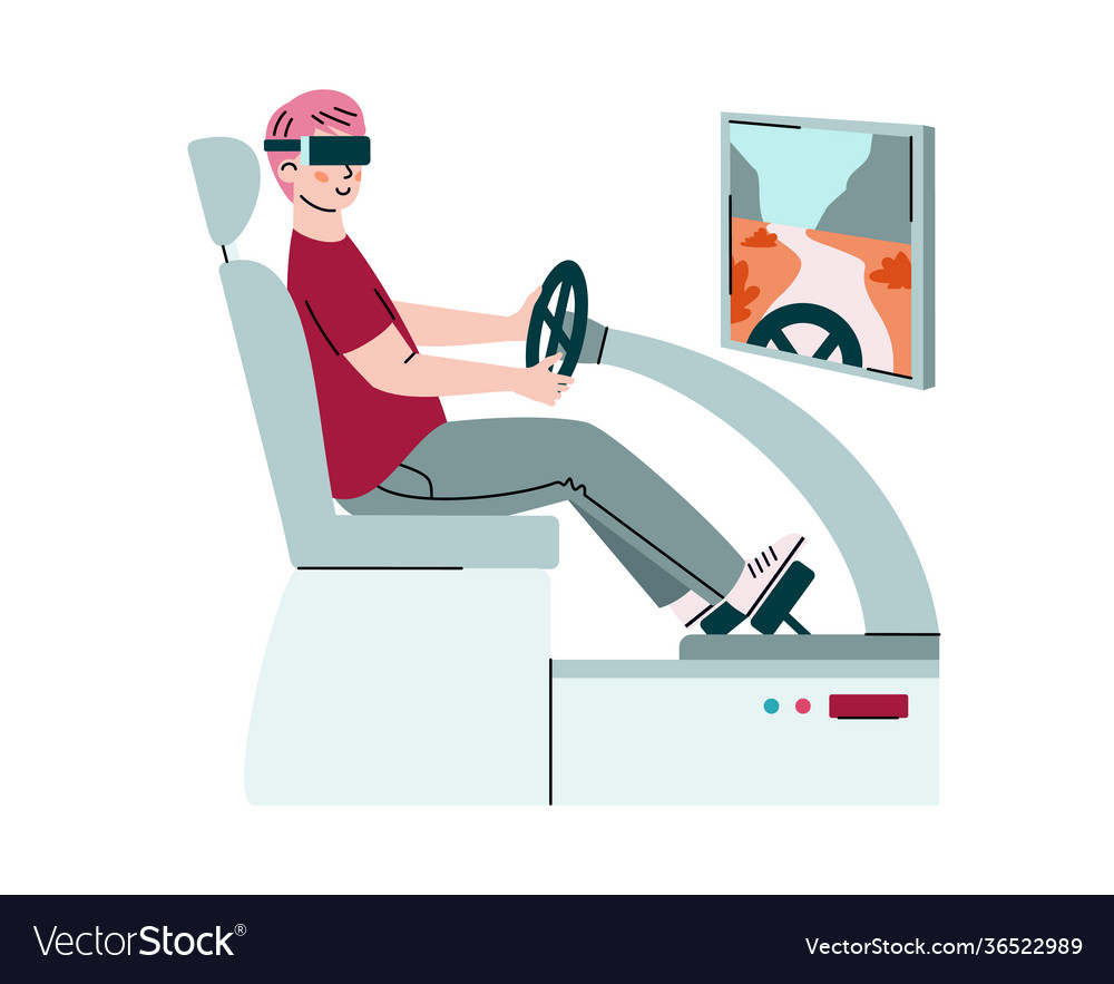 Man in vr glasses play or learning to drive car