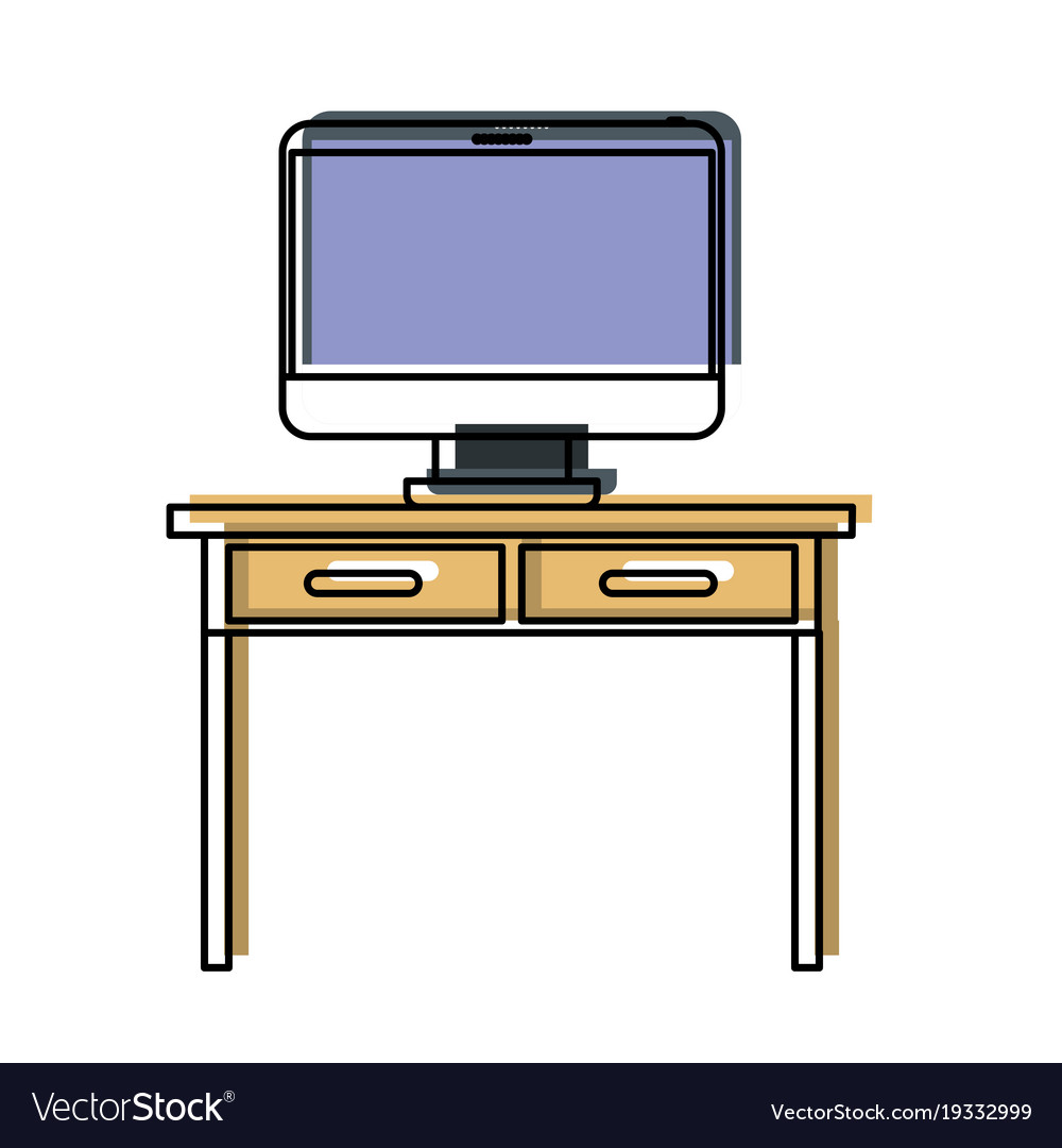 Desk Table With Drawers And Desktop Computer Above Desk Table With Drawers And Desktop Computer Above Vector Image