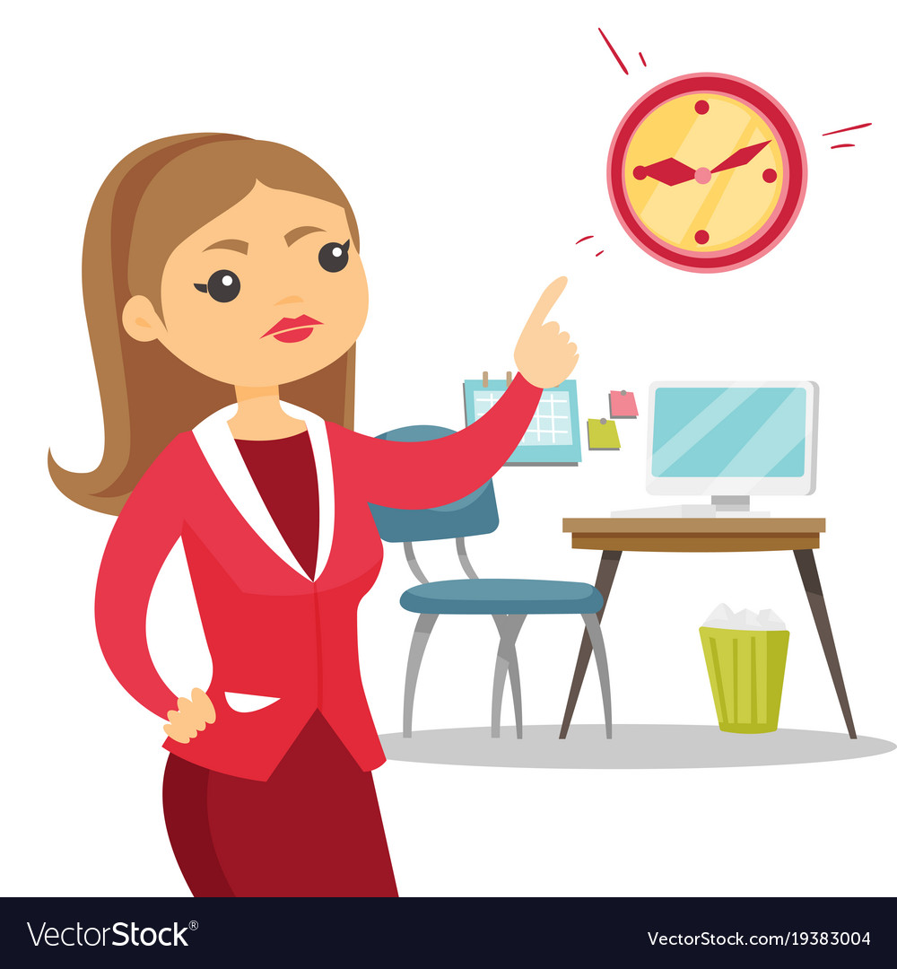 Angry caucasian employer pointing to time on clock