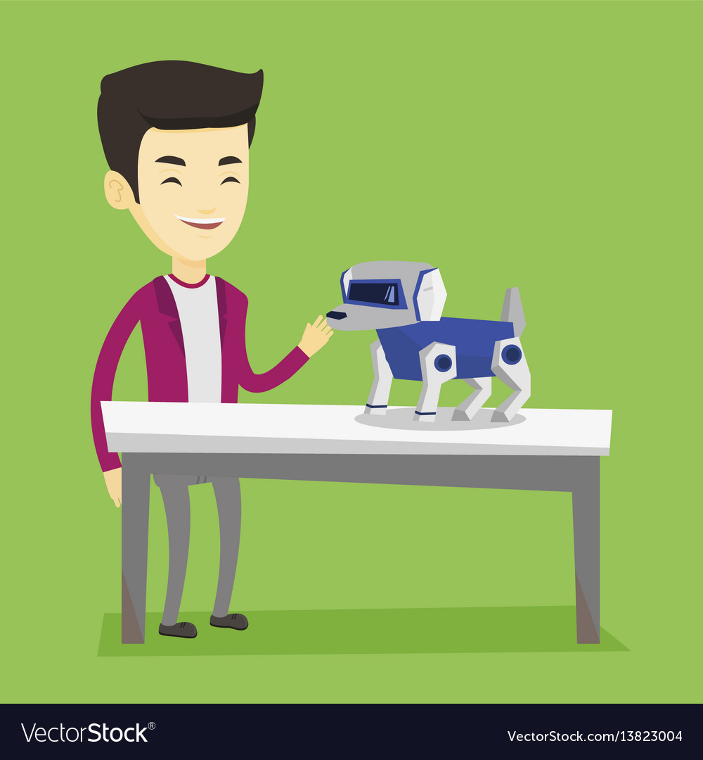 Happy young man playing with robotic dog Vector Image
