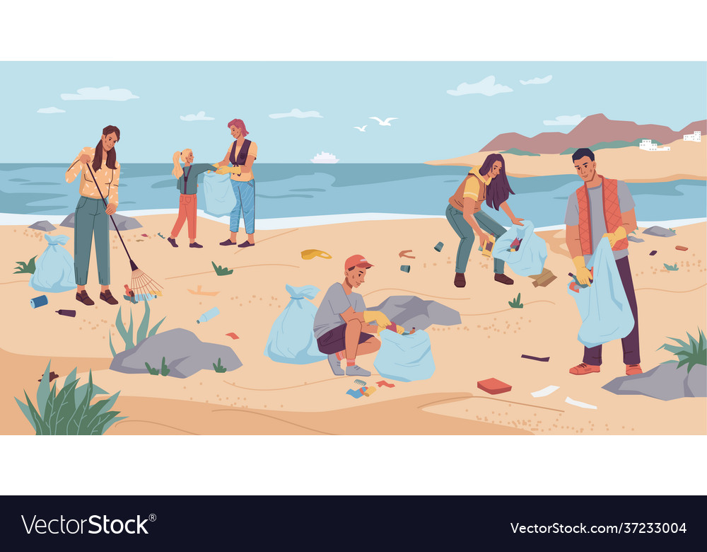 People volunteers cartoon character cleaning beach