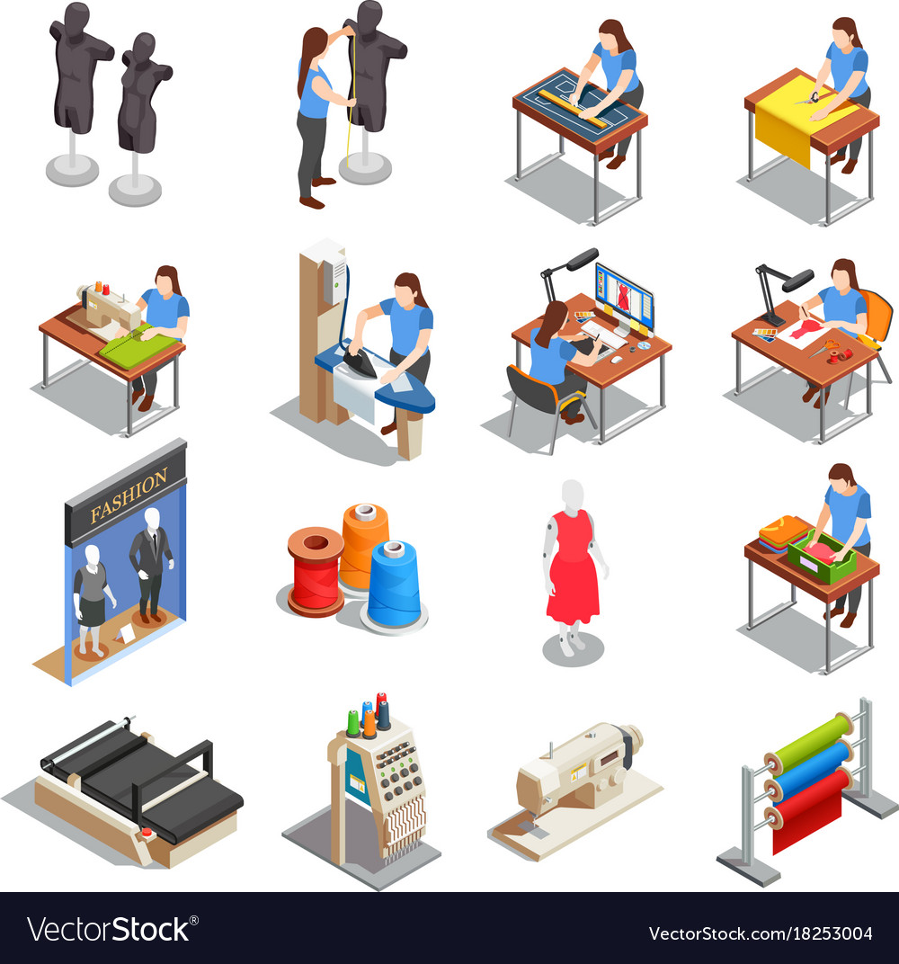 Sewing Factory Isometric Icons Set Royalty Free Vector Image