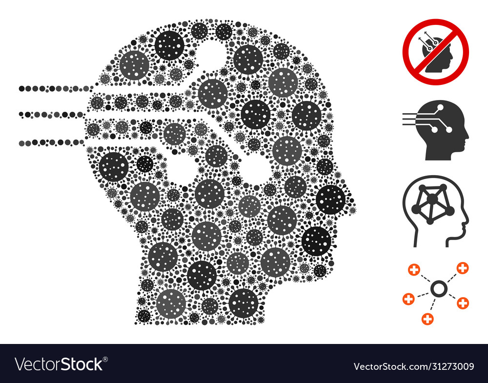 Brain interface collage covid19 virus elements