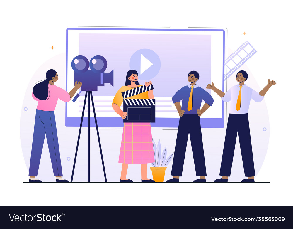 Male and female characters working in video Vector Image