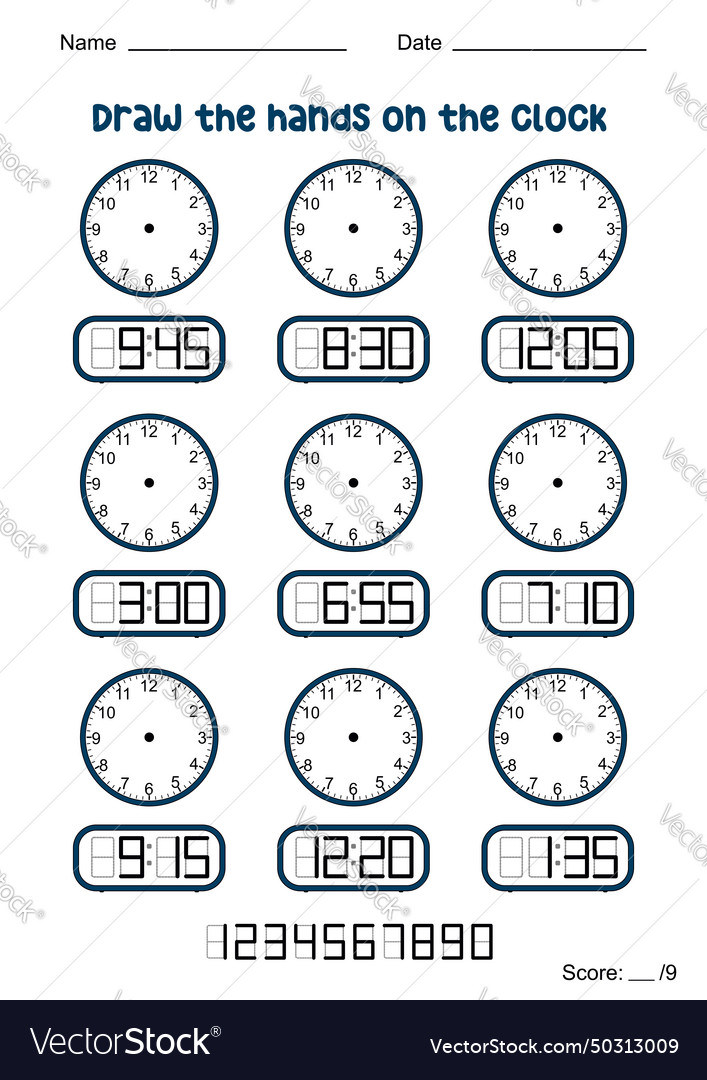 Telling the time exercises worksheet Royalty Free Vector