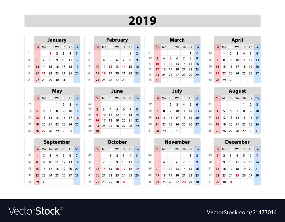 Calendar 2019 Week Starts From Sunday Business Vector Image