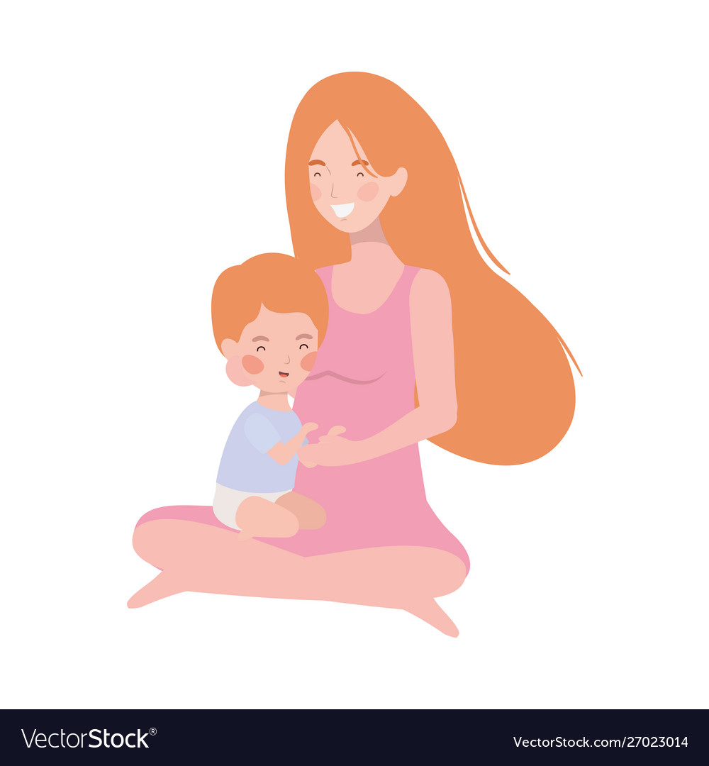 Cute pregnancy mother seated with little boy Vector Image