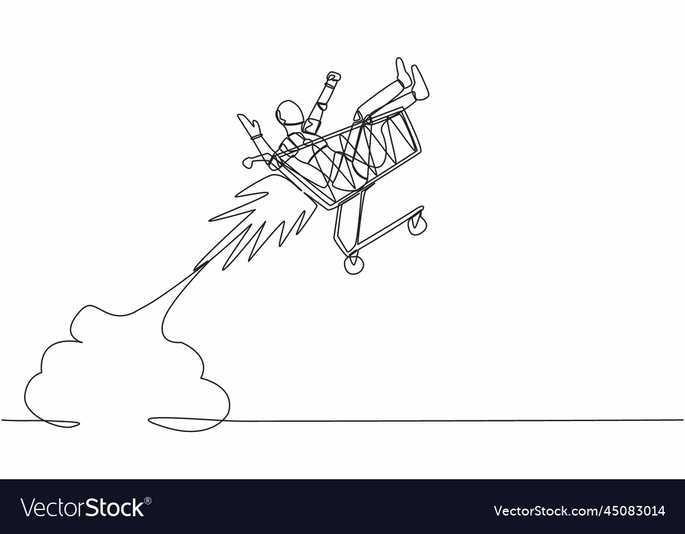 Single one line drawing robot riding shopping