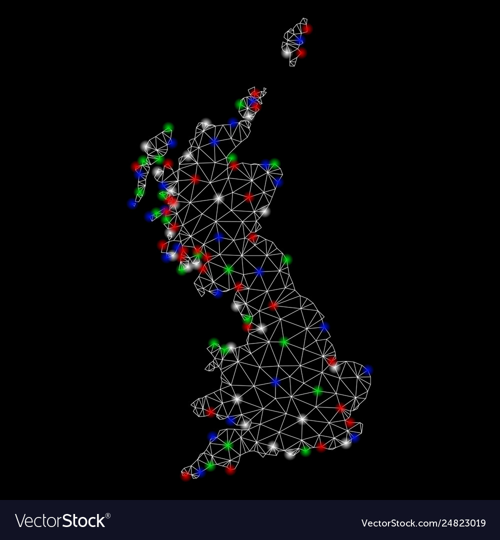 Bright mesh 2d great britain map with flash spots