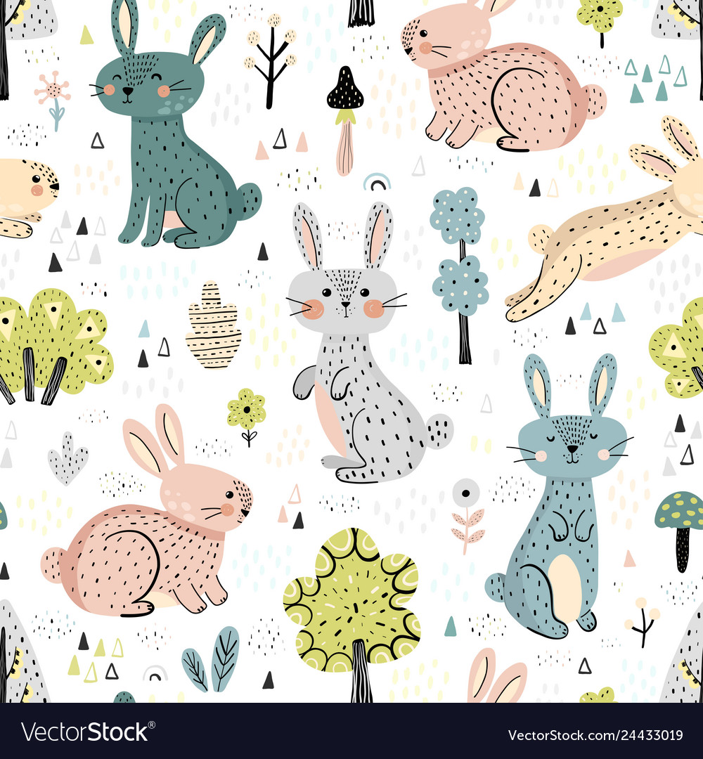 Rabbits in woods cute seamless pattern Royalty Free Vector