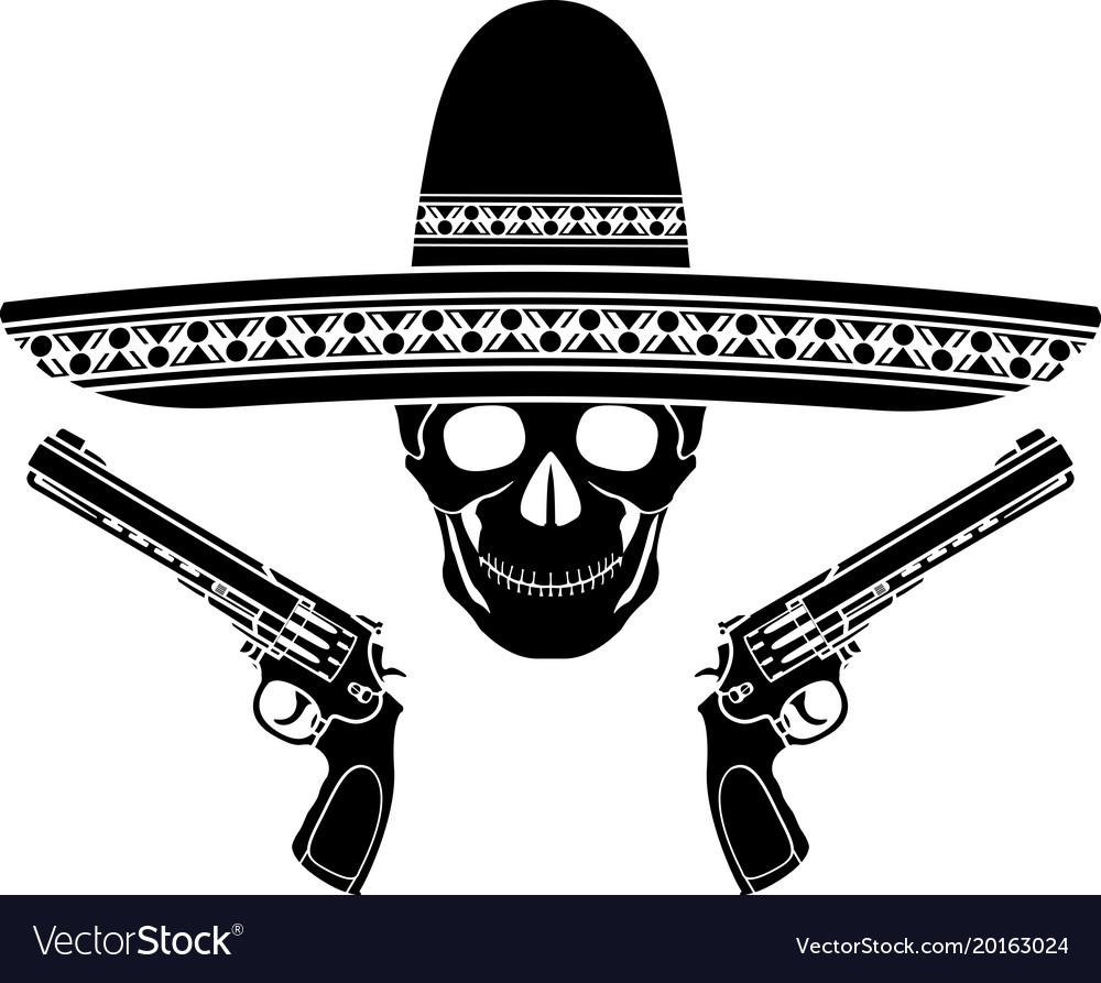 Skull with sombrero and two pistols Royalty Free Vector