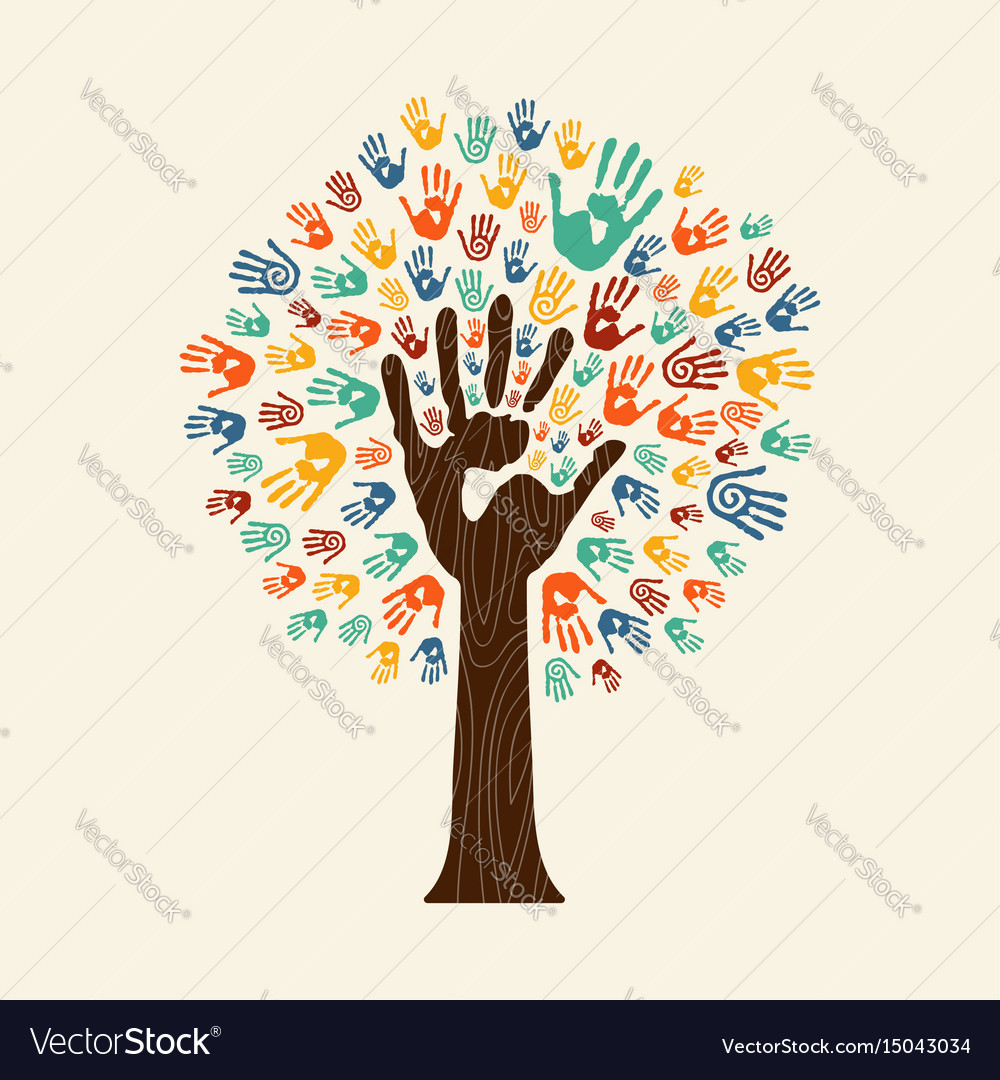 Hand print tree diverse community team Royalty Free Vector