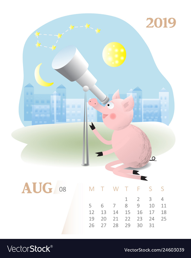 Calendar 2019 cute august month cartoon