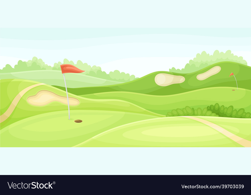 Green Golf Course With Hole Red Flag And Sand Vector Image