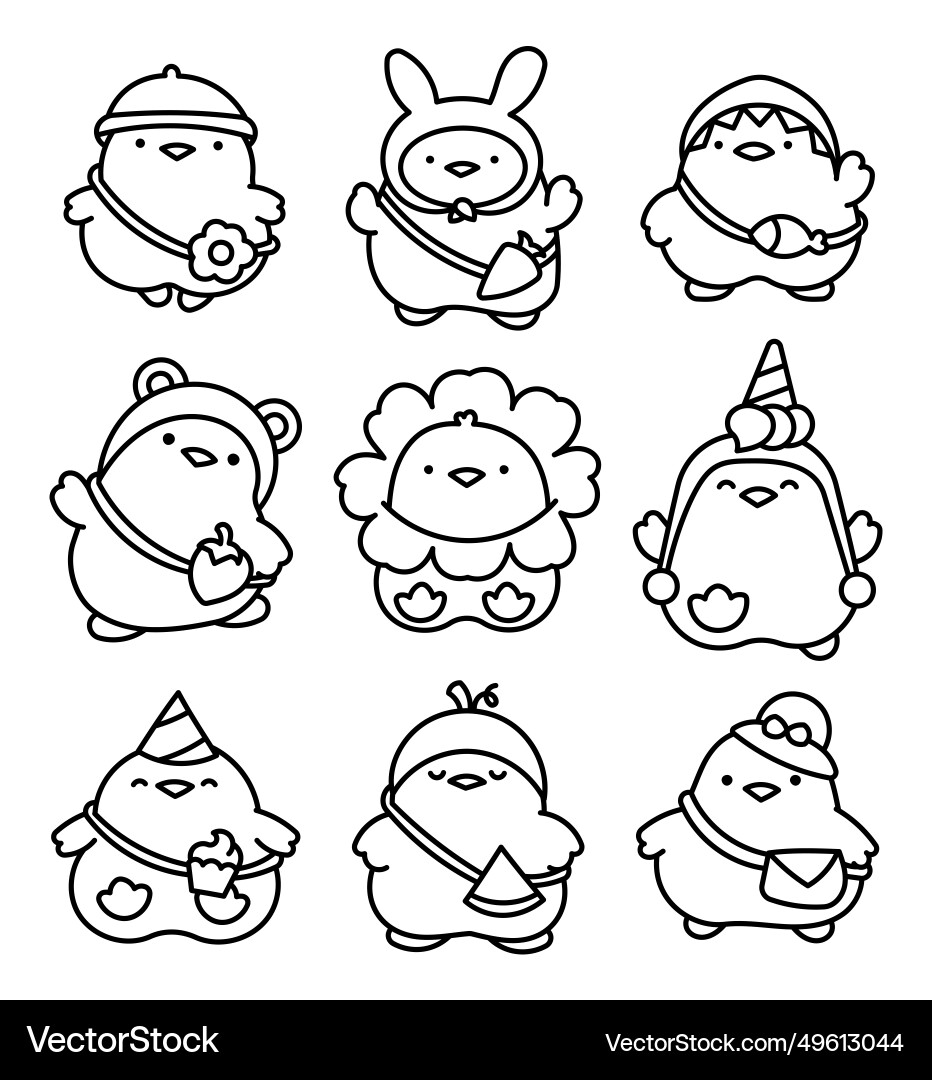 Cute kawaii chickens coloring page Royalty Free Vector Image