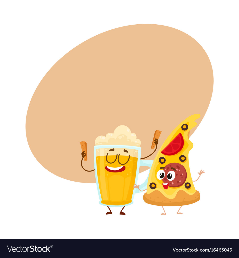 Funny beer mug and yummy pizza slice characters